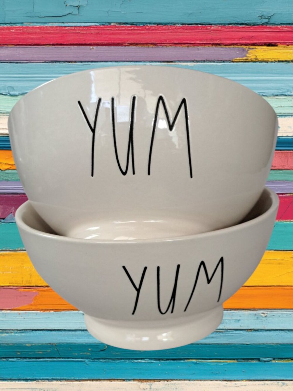 Set of Two Rae Dunn Cereal Bowl “Yum” Farmhouse Style White